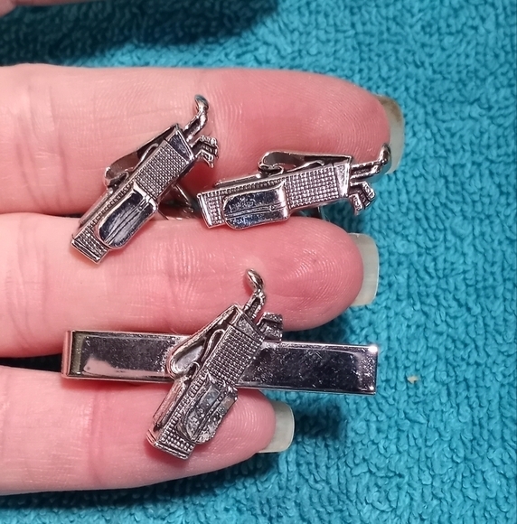 Silver Golf Clubs Cufflinks and Tie Clip Set Vintage Swank - Picture 1 of 4
